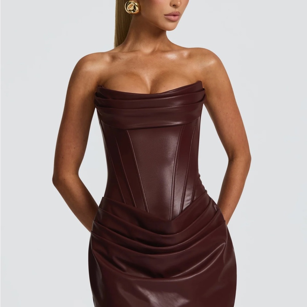 Strapless Drape-Detail Faux Leather Dress in Deep Burgundy